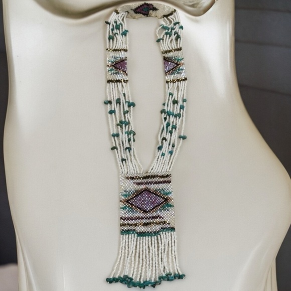 Native American White Turquoise and Purple Beaded Long Dangle Necklace - Picture 1 of 7